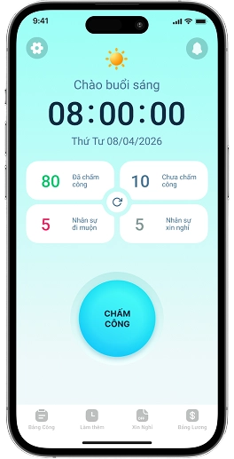 Màn hình chính ứng dụng AiKAO – chấm công và quản lý nhân sự